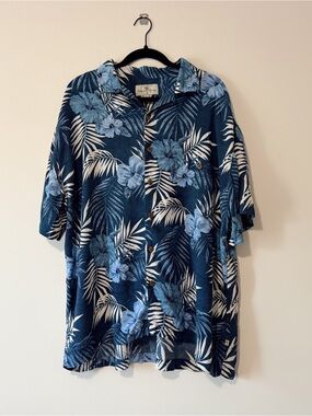Men’s XXL Island Resortwear Tropical ButtonDown Shirt Blue Botanical Print Rayon